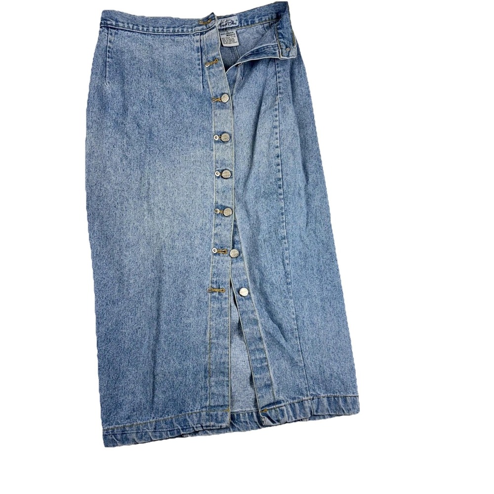 Vintage True‎ Blue Denim Skirt Womens 7/8 Button Front High Waist Classic 90s